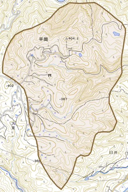 平岡とその周辺の地図。町の範囲を重ねている
