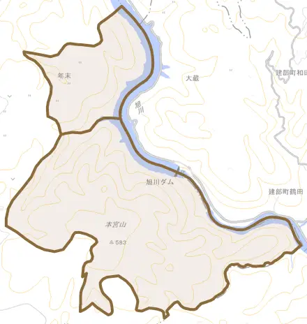 神瀬とその周辺の地図。町の範囲を重ねている