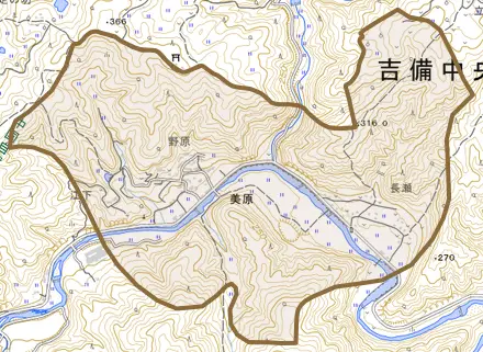 美原とその周辺の地図。町の範囲を重ねている