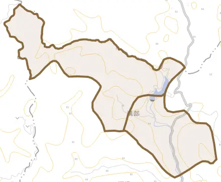 溝部とその周辺の地図。町の範囲を重ねている