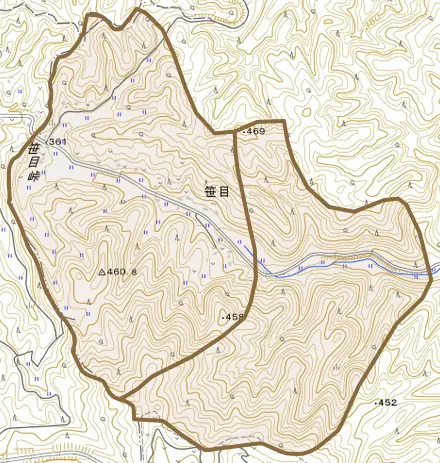 笹目とその周辺の地図。町の範囲を重ねている