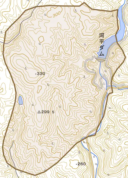 下加茂とその周辺の地図。町の範囲を重ねている