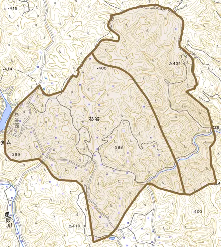 杉谷とその周辺の地図。町の範囲を重ねている