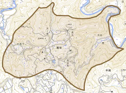 高谷とその周辺の地図。町の範囲を重ねている
