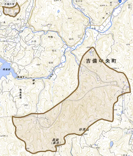 竹部とその周辺の地図。町の範囲を重ねている