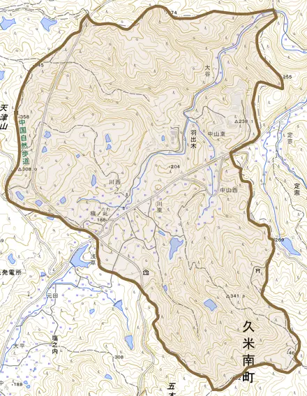 羽出木とその周辺の地図。町の範囲を重ねている