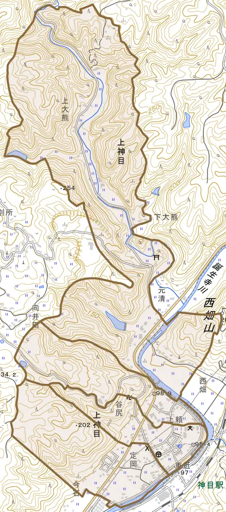 上神目とその周辺の地図。町の範囲を重ねている