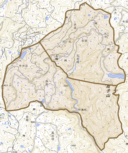 上籾とその周辺の地図。町の範囲を重ねている
