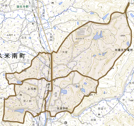 上弓削とその周辺の地図。町の範囲を重ねている