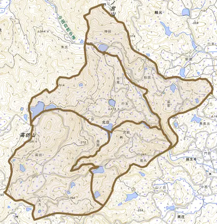 北庄とその周辺の地図。町の範囲を重ねている