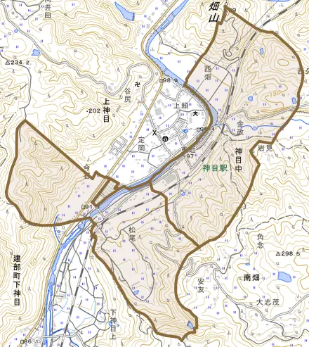 神目中とその周辺の地図。町の範囲を重ねている