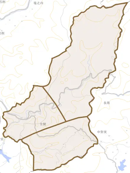 全間とその周辺の地図。町の範囲を重ねている