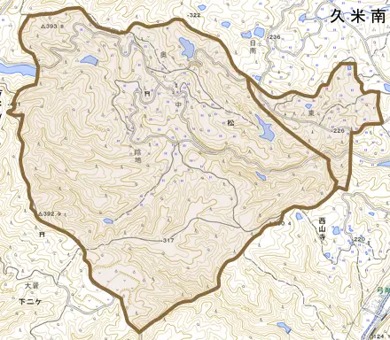 松とその周辺の地図。町の範囲を重ねている