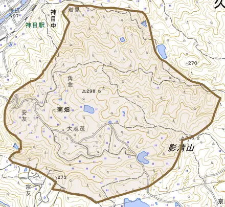 南畑とその周辺の地図。町の範囲を重ねている