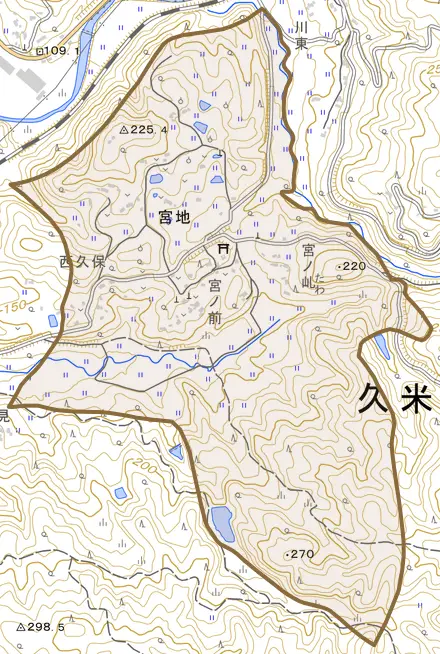 宮地とその周辺の地図。町の範囲を重ねている