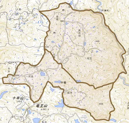 中籾とその周辺の地図。町の範囲を重ねている