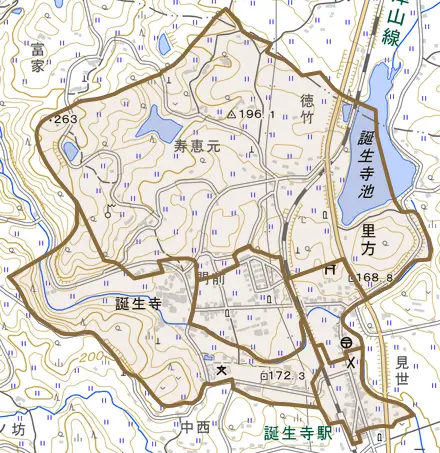 里方とその周辺の地図。町の範囲を重ねている