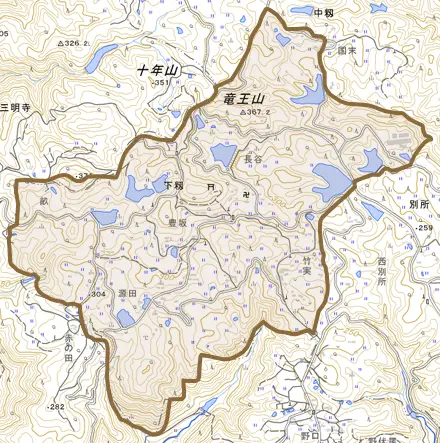 下籾とその周辺の地図。町の範囲を重ねている