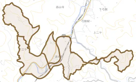 下二ケとその周辺の地図。町の範囲を重ねている