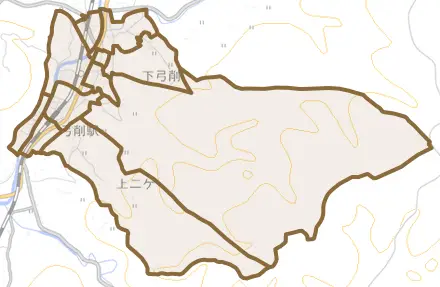下弓削とその周辺の地図。町の範囲を重ねている
