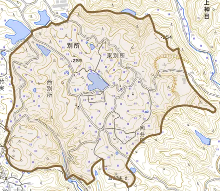 別所とその周辺の地図。町の範囲を重ねている