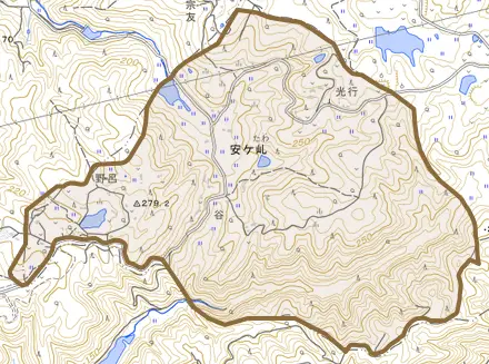 安ケ乢とその周辺の地図。町の範囲を重ねている