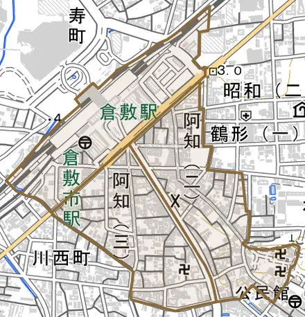 阿知とその周辺の地図。町の範囲を重ねている