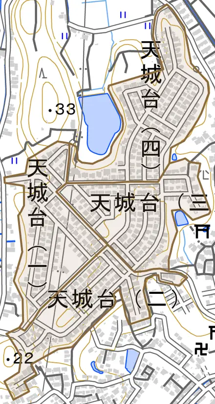 天城台とその周辺の地図。町の範囲を重ねている