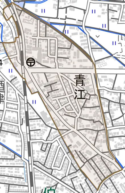 青江とその周辺の地図。町の範囲を重ねている