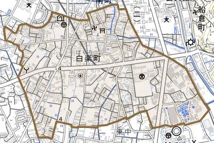 白楽町とその周辺の地図。町の範囲を重ねている