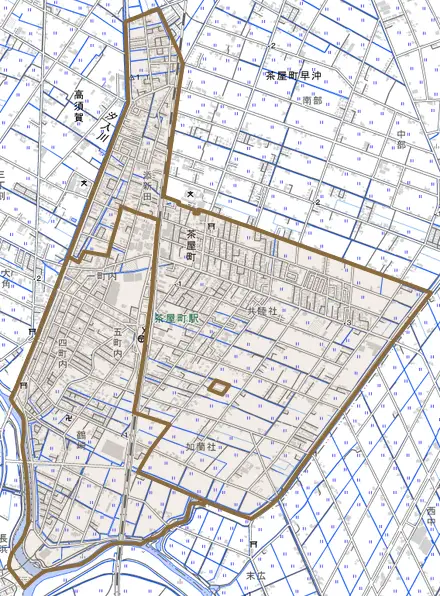 茶屋町とその周辺の地図。町の範囲を重ねている