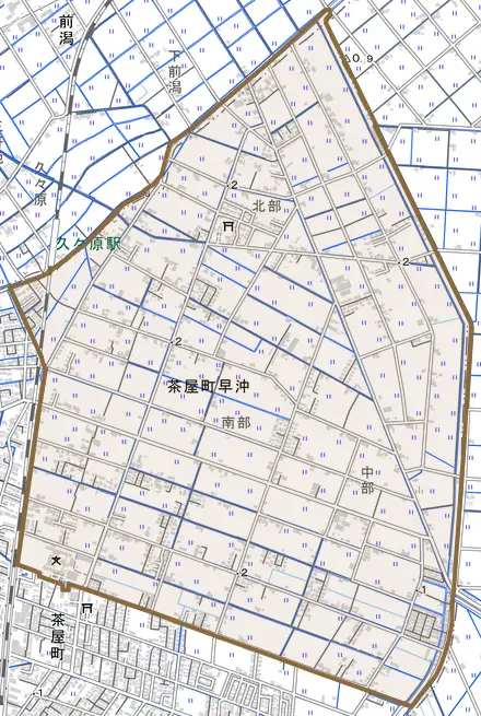 茶屋町早沖とその周辺の地図。町の範囲を重ねている