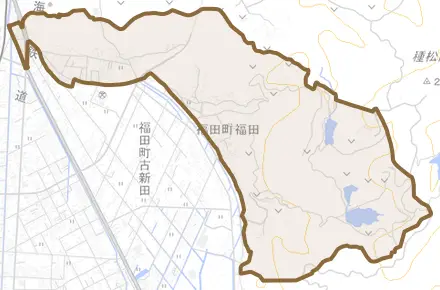 福田町福田とその周辺の地図。町の範囲を重ねている