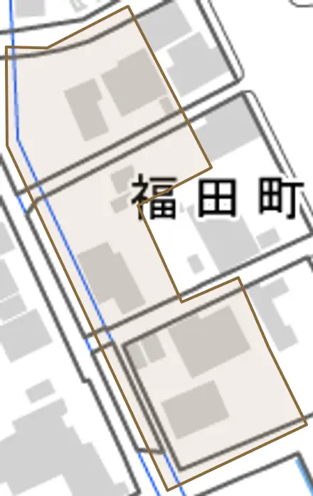 福田町東塚とその周辺の地図。町の範囲を重ねている