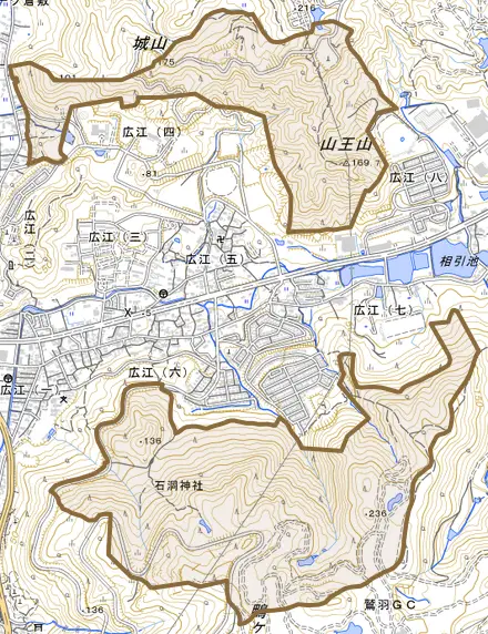 福田町広江とその周辺の地図。町の範囲を重ねている