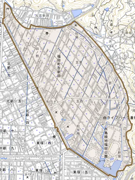 福田町古新田とその周辺の地図。町の範囲を重ねている