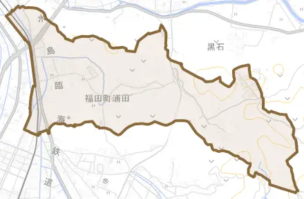 福田町浦田とその周辺の地図。町の範囲を重ねている