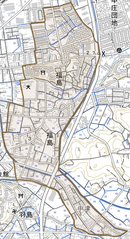 福島とその周辺の地図。町の範囲を重ねている