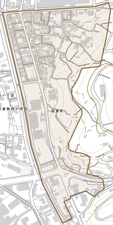 船倉町とその周辺の地図。町の範囲を重ねている