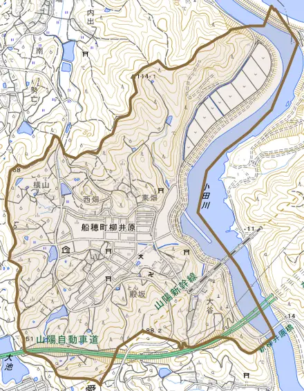 船穂町柳井原とその周辺の地図。町の範囲を重ねている