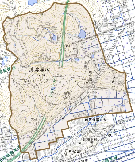 二子とその周辺の地図。町の範囲を重ねている