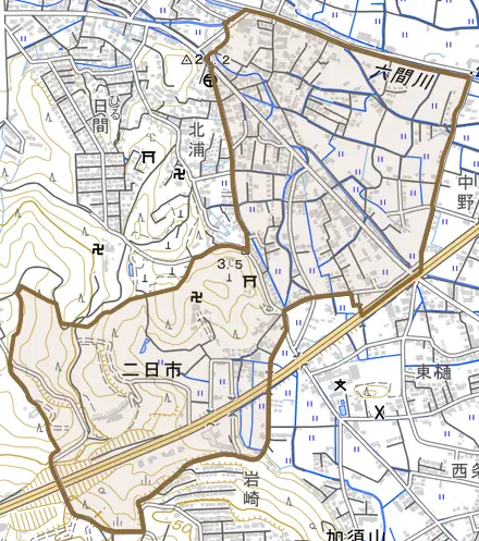 二日市とその周辺の地図。町の範囲を重ねている