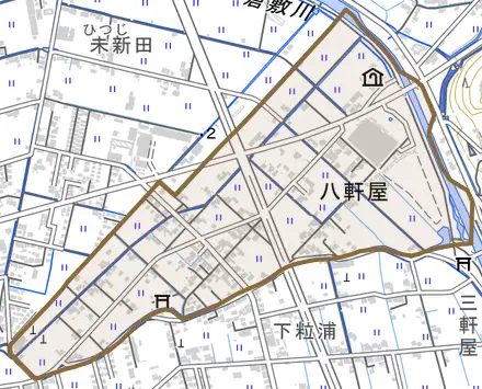 八軒屋とその周辺の地図。町の範囲を重ねている