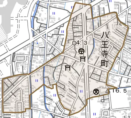 八王寺町とその周辺の地図。町の範囲を重ねている