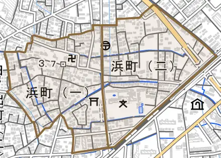 浜町とその周辺の地図。町の範囲を重ねている