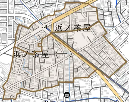 浜ノ茶屋とその周辺の地図。町の範囲を重ねている