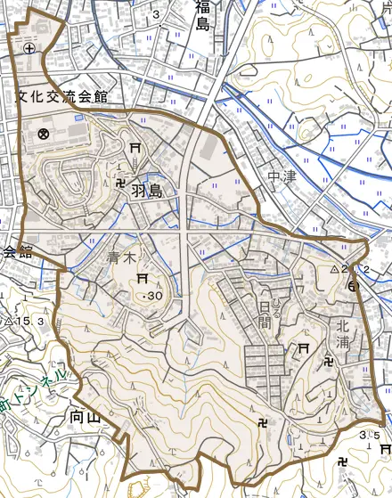 羽島とその周辺の地図。町の範囲を重ねている