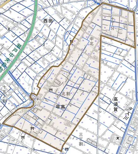 早高とその周辺の地図。町の範囲を重ねている