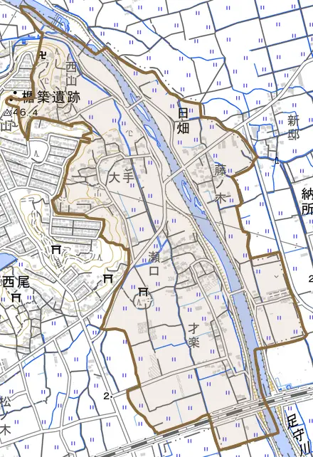 日畑とその周辺の地図。町の範囲を重ねている