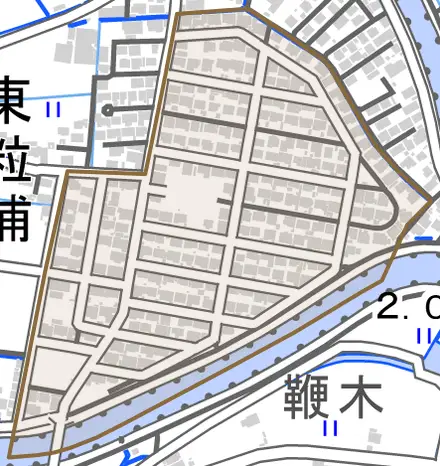東粒浦とその周辺の地図。町の範囲を重ねている